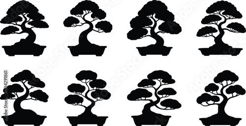 Bonsai tree silhouettes illustration set, miniature plant vector artwork, botanical design graphics, garden icons collection, cultivation nature symbol