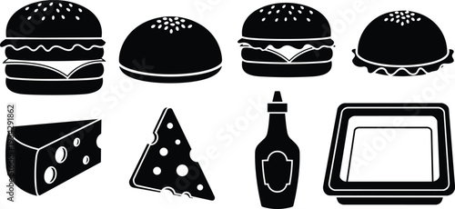 Minimal monochrome burger and cheese icon set showing four bun variations plus cheese slice and sauce bottle arranged on tray flat graphic resource mockup for menu