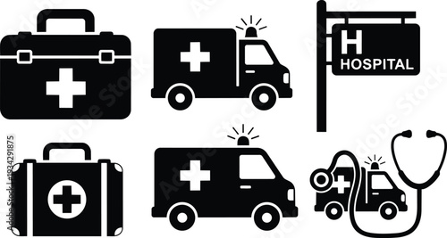 Flat medical icon set close up vector hospital signs and emergency ambulances with first aid kits and stethoscope arranged on white background for healthcare mockup preview clean