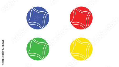 Four colorful spherical objects with pentagonal patterns arranged in a square