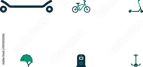 Urban micro-mobility transportation icons set featuring skateboard, bicycle, electric scooter, safety helmet, and charging station for sustainable city travel.