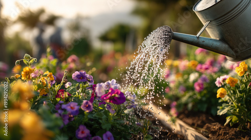 Watering can pouring water over vibrant flowers in a garden, with colorful blooms including pansies and marigolds, for themes about home gardening, plant care and irrigation, spring and summer flowers