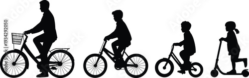 Black silhouette collection of a man and children riding bicycles and a kick scooter for active family recreation outdoor fitness and healthy lifestyle concepts.