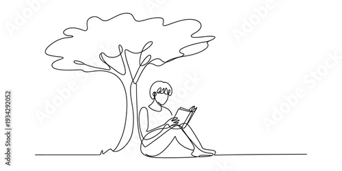 Minimalist continuous line art of a person reading under a tree