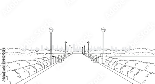 Flat 2D illustration of an empty urban city park with a pathway and streetlights along the sides on a white background.