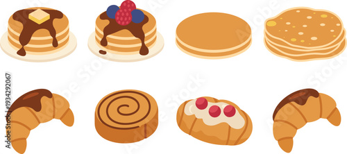Breakfast pastries and pancakes, croissants, cinnamon roll, sweet dessert illustration, food art, bakery design, morning meal, delicious pastry collection