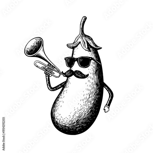 Cool eggplant character with sunglasses and mustache playing trumpet in black and white illustration on white background