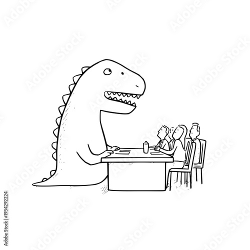 Dinosaur sitting at a table with three people in a simple black and white line drawing style illustrating a humorous prehistoric business meeting scene