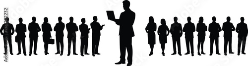 Black silhouette collection of a professional male leader with a laptop standing with a diverse corporate team for digital management and recruitment concepts.