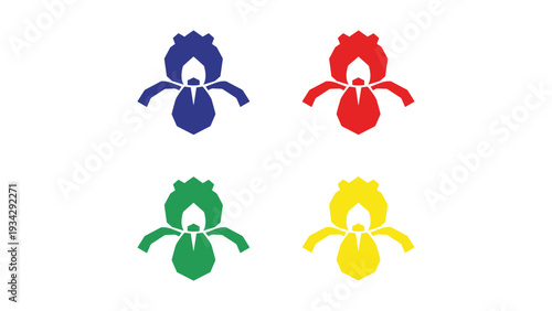 Four iris flowers depicted in different vibrant colors on a plain background.