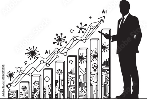 "Artificial intelligence growth vector illustration showing executive with tablet, ascending bar chart, and technology icons symbolizing innovation, data analysis, and business success"