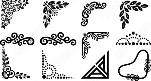 Decorative black flat vector corner ornaments set showing assorted leaf filigree swirls dots and geometric corner badges on white background for mockup craft print svg png