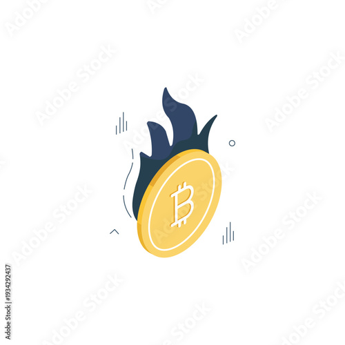 Burning Bitcoin Coin Engulfed in Flames.