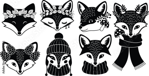 Hand drawn black and white fox head icons showing floral crowns, pine cones, mushrooms, knit hat and scarf in close up frontal and three quarter angles