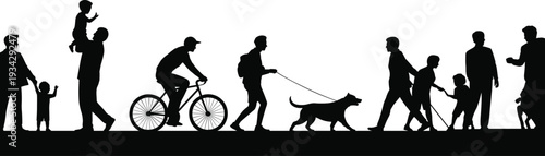 Black silhouette collection of diverse people walking a dog riding a bicycle and parents playing with children for active community and healthy lifestyle concepts.