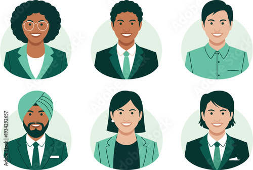 Diverse Business Professional Avatars Set Featuring Multiethnic Men and Women in Corporate Suits and Office Attire Flat Vector Illustration on White Background