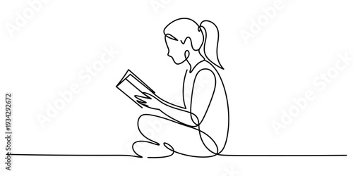 Minimalist continuous line drawing of a girl reading a book