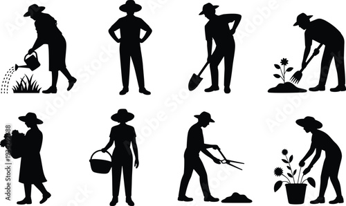 Gardening silhouettes, people working in garden, watering plants, digging soil, trimming bushes, harvesting flowers, garden tools, horticulture activities, farming illustration, outdoor work