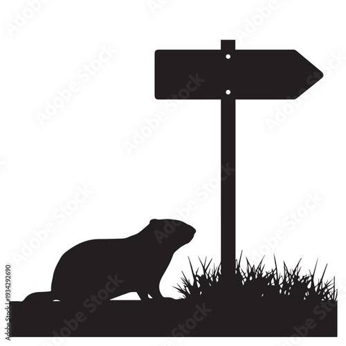 Groundhog sitting near a directional signpost in grass, symbolizing decision making, direction, choices, nature, wildlife, and spring arrival event.