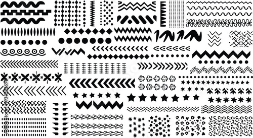 Monochrome vector border and divider shapes sheet close up top view with repeating zigzag stars dots floral motifs for graphic design mockup and layout print web seamless