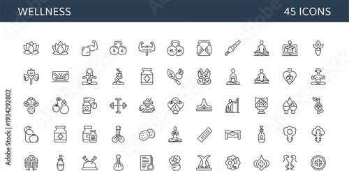 Wellness and healthcare outline icon set, yoga meditation fitness medical therapy healthy lifestyle vector illustration collection pack