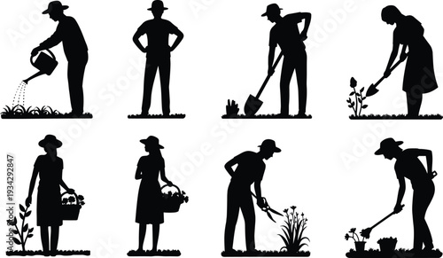 Gardening silhouettes, people working in garden, watering plants, digging soil, trimming bushes, harvesting flowers, horticulture activities, outdoor lifestyle illustration