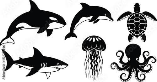Black silhouette marine animal icons set showing orca dolphin shark sea turtle jellyfish octopus in vector mockup svg png flat design isolated on white simple bold