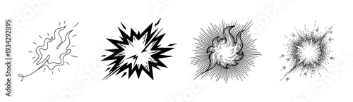Abstract energy explosion fire effect illustrations set in various styles for dynamic graphic design.