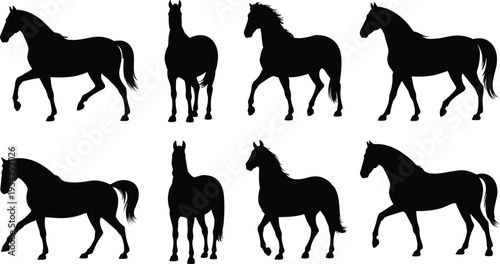 Horse silhouettes illustration set, animal vector artwork, equine design graphics, galloping icons collection, farm nature symbol