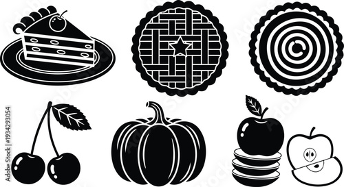 Flat black vector food icons close up top view assorted pies slice cherries pumpkin and stacked apples isolated on white background high contrast minimal graphic silhouette composition