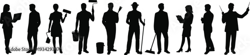Black silhouette collection of diverse professional workers including office employees painters cleaners and teachers for career recruitment workforce and labor market variety concepts.