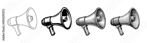 Collection of megaphones in distinct artistic styles, from simple outline to detailed stippling, for impactful messaging.