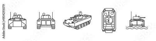 Collection of military armored vehicles depicted in a clean outline style, illustrating different angles and types of combat machinery.