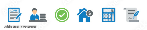 Financial and real estate loan icons illustrating various aspects of property financing and agreement processes.