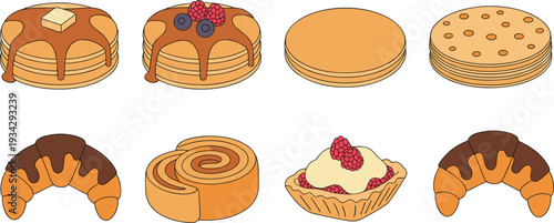 Pancakes stack, croissant pastry, cinnamon roll, tart dessert, breakfast food, baked goods, sweet treats, bakery illustration, morning meal, snack