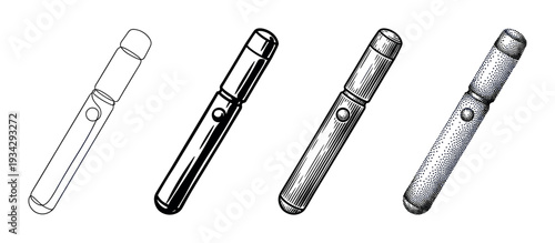 Electronic cigarette vape pen device illustration set showcasing various artistic styles including outline, solid, hatched, and stippled designs.