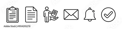 Digital interface icons illustrating common actions like document management, messaging, and alerts in a clean design.