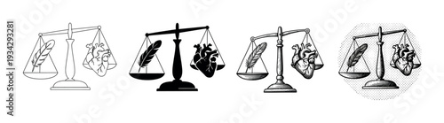 Scale balancing feather and heart represents the ancient Egyptian concept of justice and morality in the afterlife.