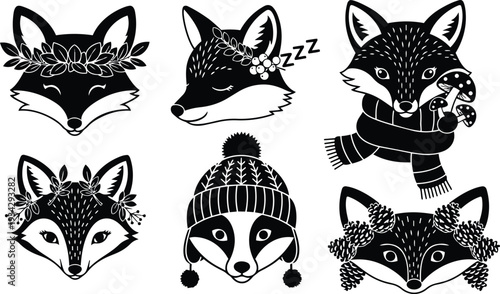 Whimsical black and white fox head illustrations with wreaths hat and scarf close up vector icons arranged in grid playful winter woodland mockup sleeping smiling mushrooms pinecones