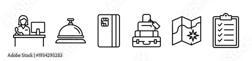 Travel and hospitality icons representing various services and activities, including reception, check-in, payment, luggage, navigation, and planning.