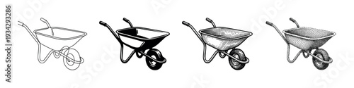Four different wheelbarrow illustrations showcasing various artistic styles suitable for gardening, construction, or farm-related designs.
