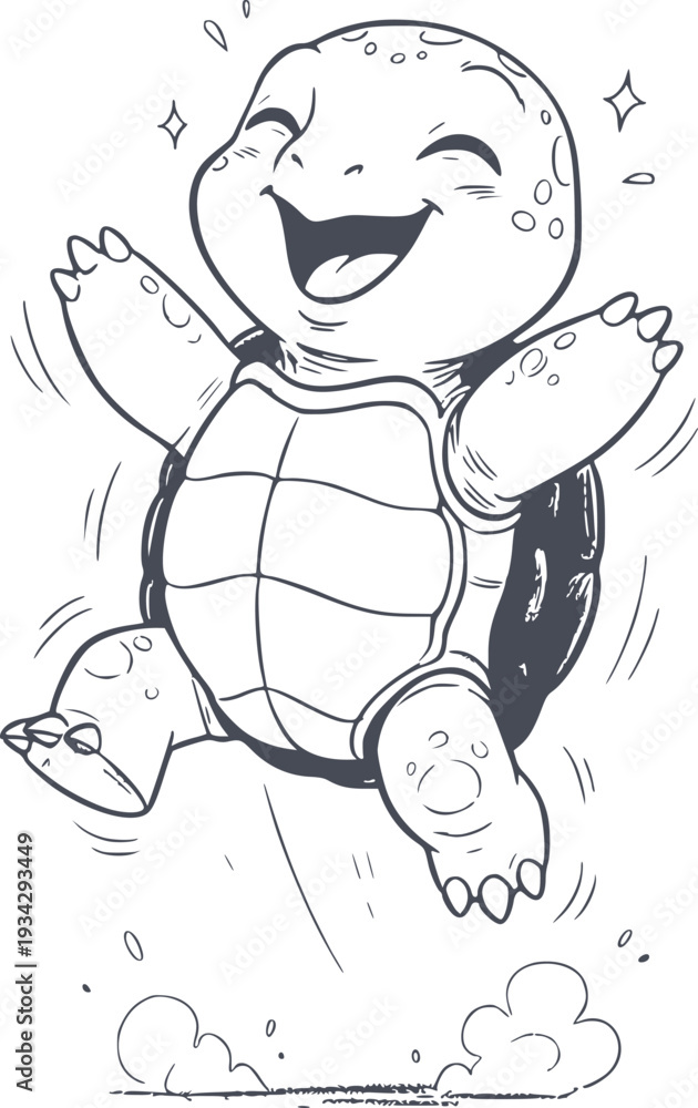 Fototapeta premium navy blue hand drawn illustration of a happy turtle jumping for joy and success with no white fills for easy transparency and professional use