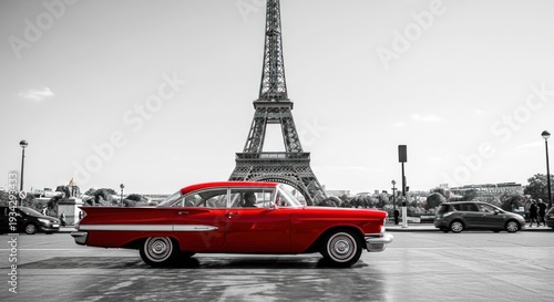 Classic red automobile in front of iconic wrought-iron structure