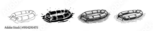 Four different styles of inflatable boat illustrations depict various artistic techniques suitable for diverse design projects.