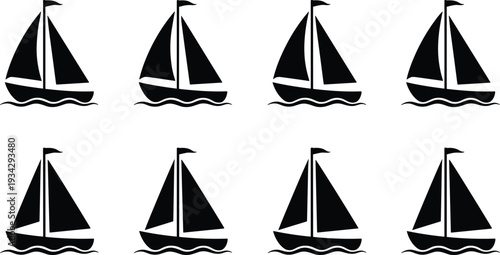 Sailboat silhouettes illustration set, nautical vessel vector artwork, maritime design graphics, ocean travel icons collection, sailing symbol