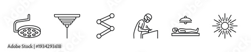 Medical procedure icons set illustrates various aspects of modern healthcare technology and patient care.