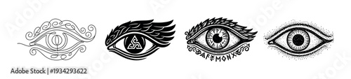 Four mystical stylized eyes with intricate designs representing ancient wisdom and spiritual insight.