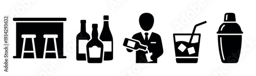 Bar and drinks related icons featuring a bartender pouring a beverage, bottles, and a cocktail shaker.