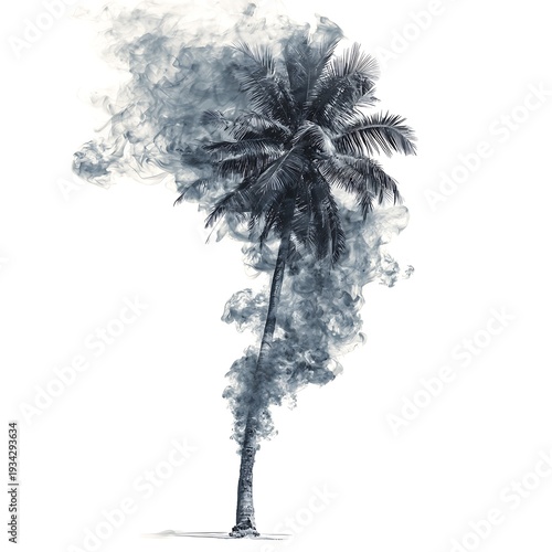 Palm tree enveloped in smoke on white background