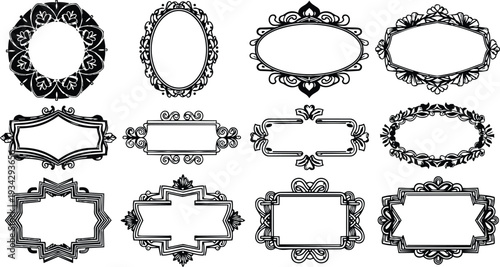 Vintage ornamental label and frame set arranged in neat grid close up showing twelve decorative vector borders and badges isolated on white background flat clean studio mockup